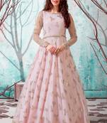 Pink foilage print net Long Evening Party wear Gown 