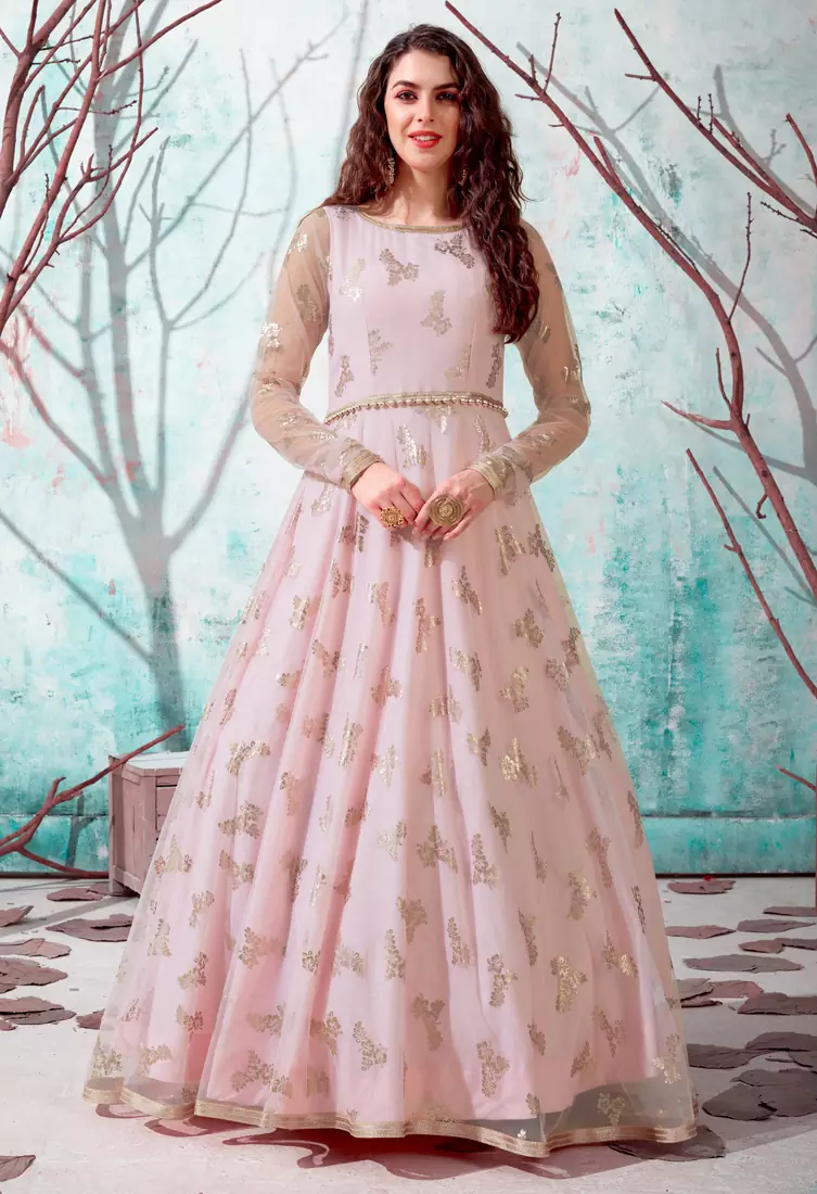 Pink foilage print net Long Gown Evening