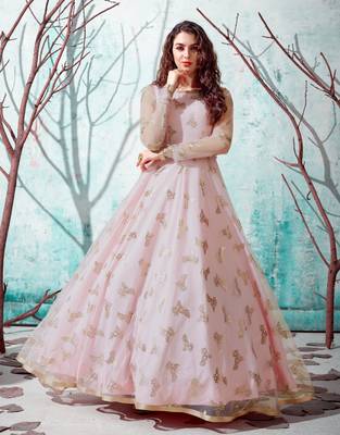 Pink foilage print net Long Evening Party wear Gown  3