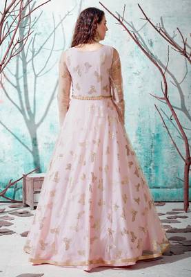 Pink foilage print net Long Evening Party wear Gown  4