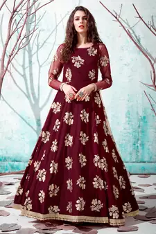 Maroon foilage print net Long Gown Evening