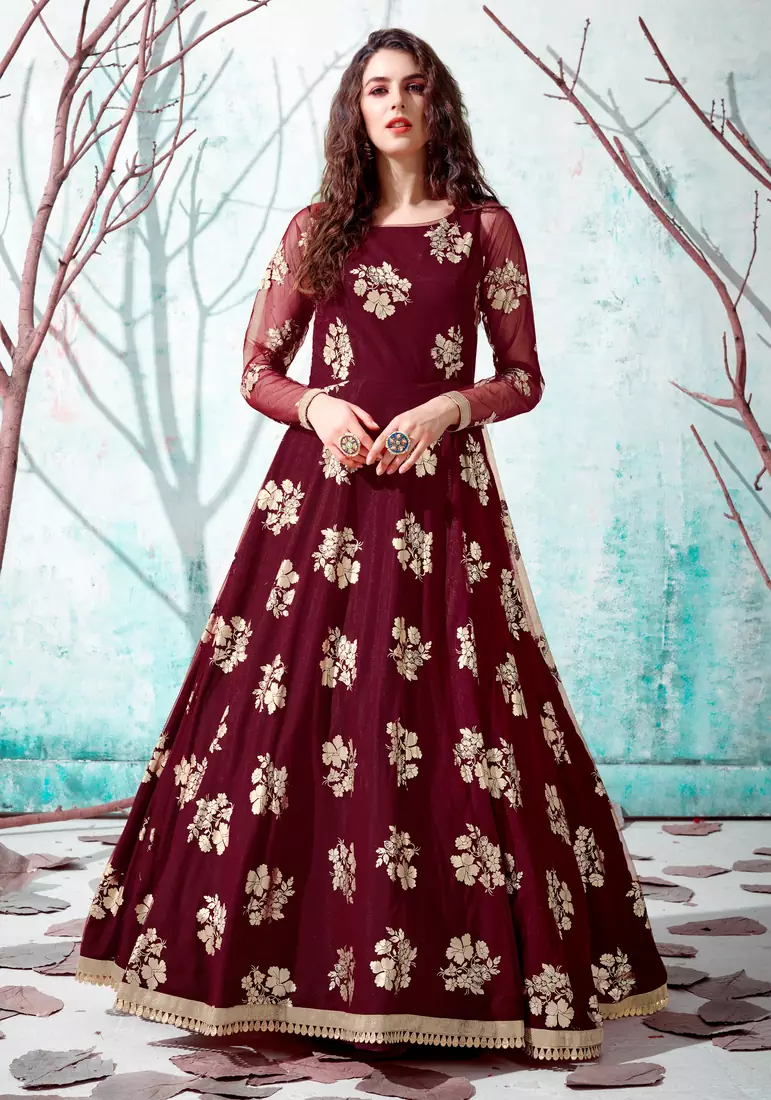 Maroon foilage print net Long Gown Evening