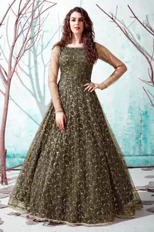 Dark-green foilage print net Long Gown Evening