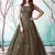 Dark-green foilage print net Long Gown Evening