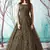 Dark-green foilage print net Long Gown Evening