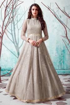 Beige foilage print net Party Wear gown