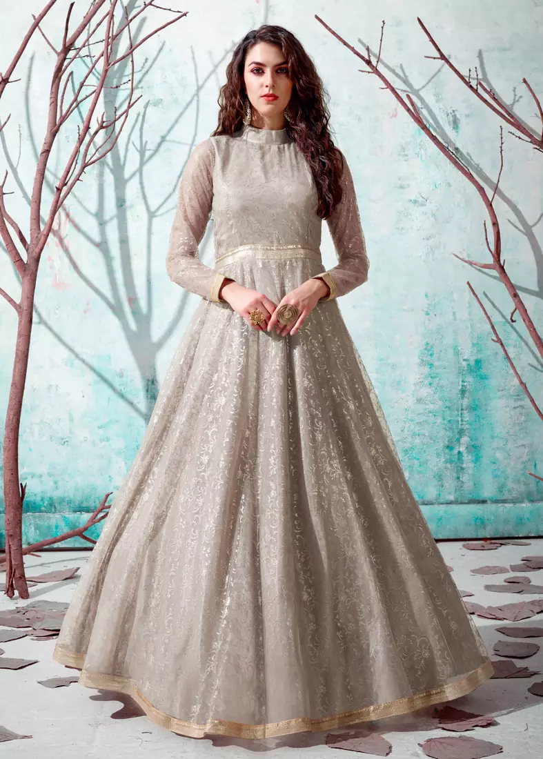 Beige foilage print net Party Wear gown