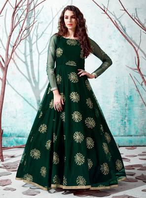 Green foilage print net Long Evening Party wear Anarkali Gown 1