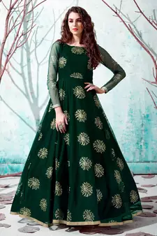 Green foilage print net Evening Long Gown