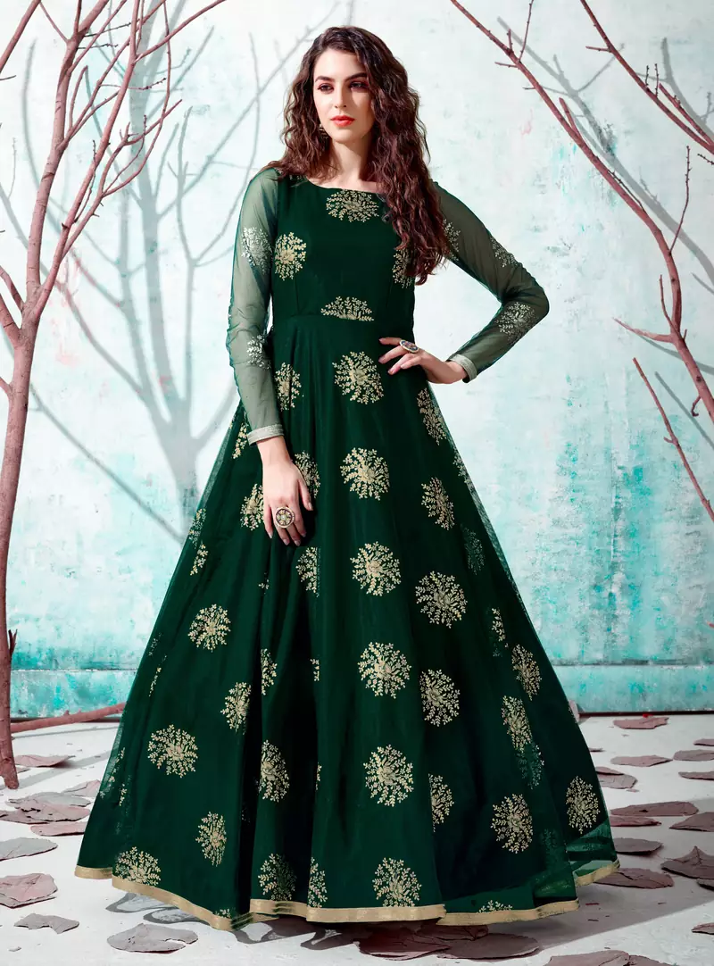 Green foilage print net Evening Long Gown