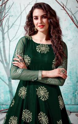 Green foilage print net Long Evening Party wear Anarkali Gown 2