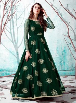 Green foilage print net Long Evening Party wear Anarkali Gown 3