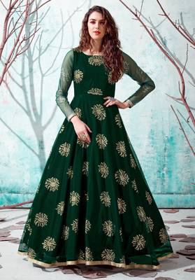 Green foilage print net Long Evening Party wear Anarkali Gown 4