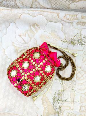 Shoptory India Wristlets Ethnic Potli For Women's Designer Rajasthani Style Royal Silk Batwa Zari Work Bridal Potli 6