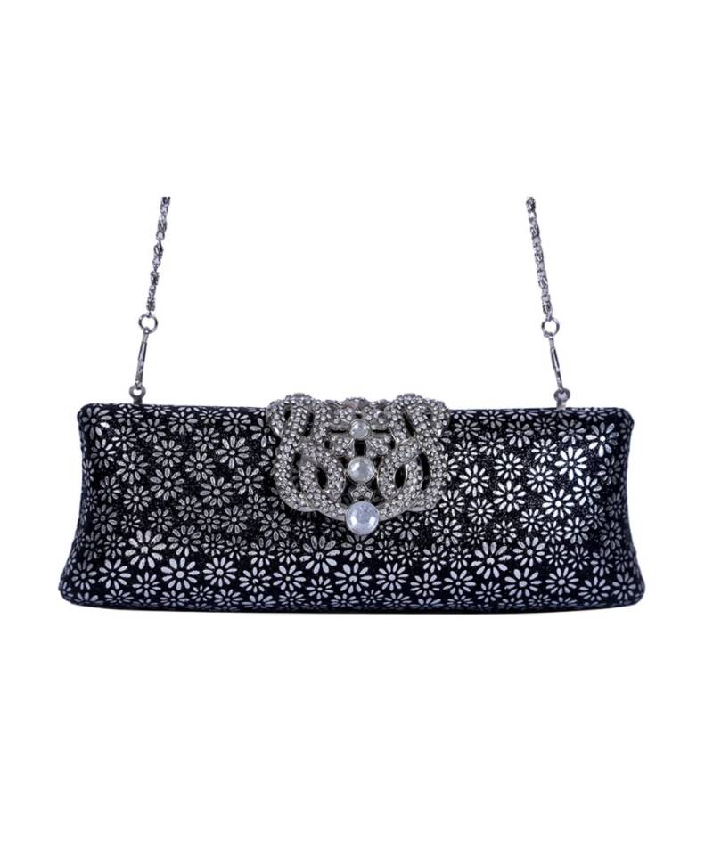 Flower Printed Diamond Women Clutch - ?Rich Look Lady Wallet - Wedding| Party| Shopping |purse (black)