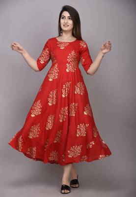 Red Gold Printed Rayon Anarkali Kurti 1