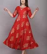 Red Gold Printed Rayon Anarkali Kurti
