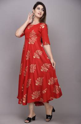 Red Gold Printed Rayon Anarkali Kurti 2