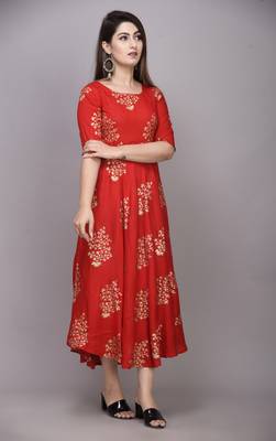 Red Gold Printed Rayon Anarkali Kurti 3