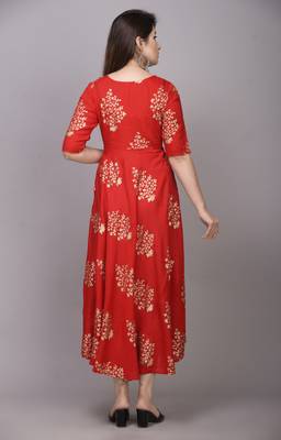 Red Gold Printed Rayon Anarkali Kurti 4