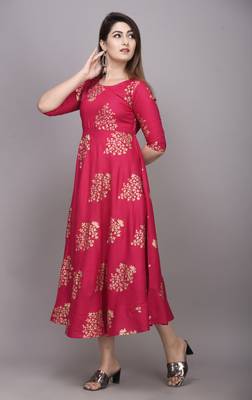 Pink Gold Printed Rayon Anarkali Kurti 3