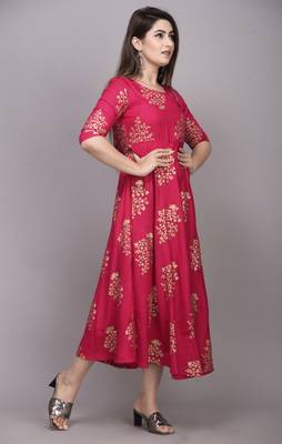 Pink Gold Printed Rayon Anarkali Kurti 4