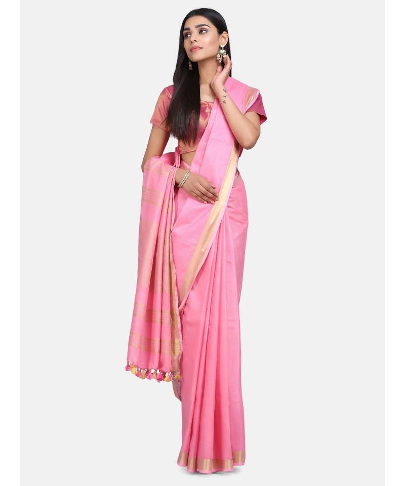 Unitex Fashion Premium Quality Pink Plain cotton LinenSAREE