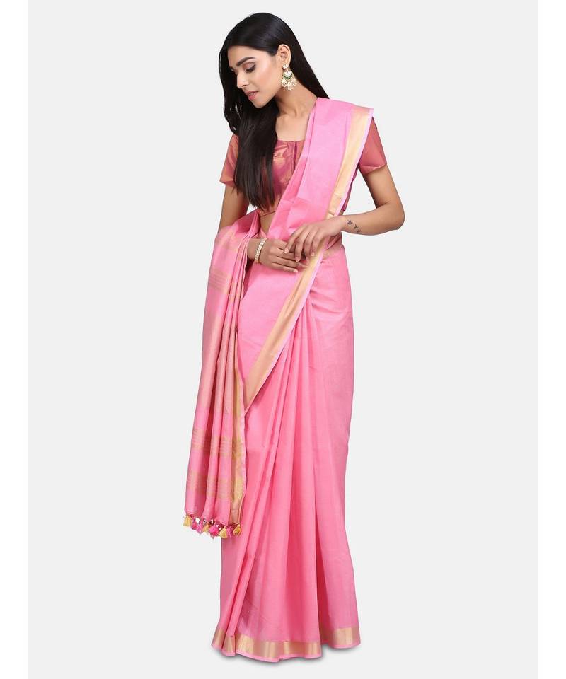 Unitex Fashion Premium Quality Pink Plain cotton LinenSAREE