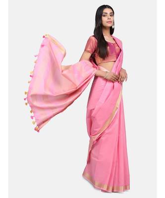 Unitex Fashion Premium Quality Pink Plain cotton LinenSAREE 1