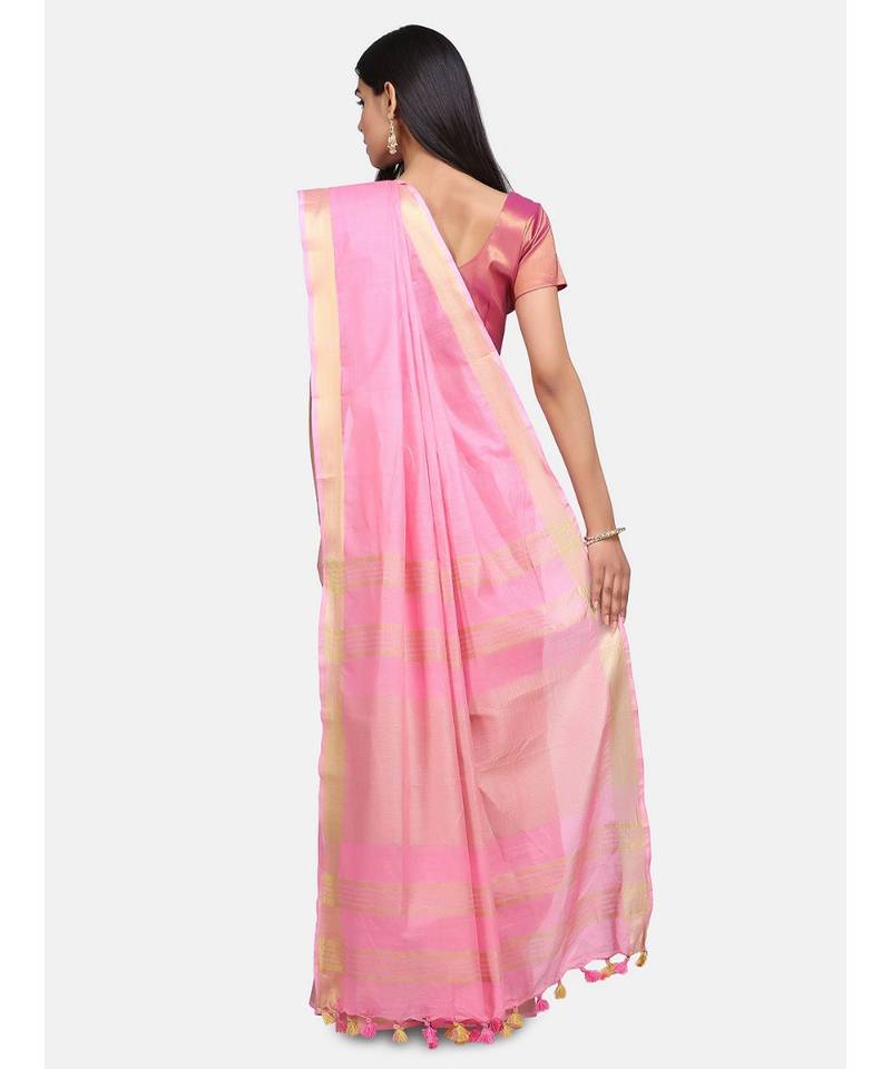 Unitex Fashion Premium Quality Pink Plain cotton LinenSAREE