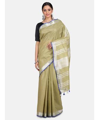 Unitex Fashion Premium Quality Pear Green Plain Cotton Linen SAREE 1