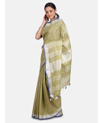 Unitex Fashion Premium Quality Pear Green Plain Cotton Linen SAREE 3