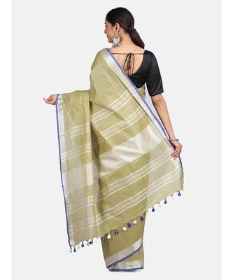 Unitex Fashion Premium Quality Pear Green Plain Cotton Linen SAREE 4