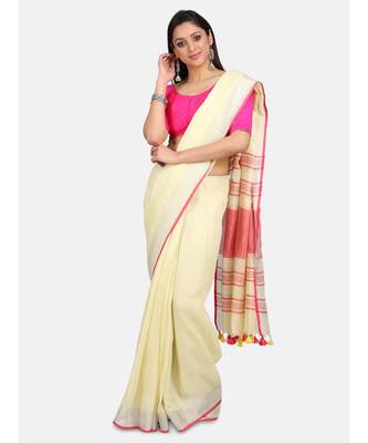 Unitex Fashion Premium Quality Butter Yellow Plain Cotton LinenSAREE 1