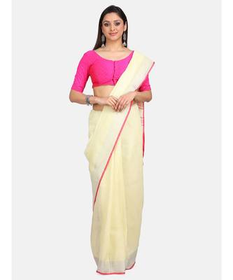 Unitex Fashion Premium Quality Butter Yellow Plain Cotton LinenSAREE 3