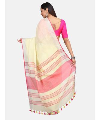 Unitex Fashion Premium Quality Butter Yellow Plain Cotton LinenSAREE 4