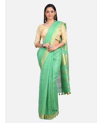 Unitex Fashion Premium Quality Dark Mint green Cotton LinenSAREE 1