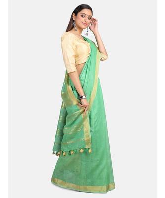 Unitex Fashion Premium Quality Dark Mint green Cotton LinenSAREE 3