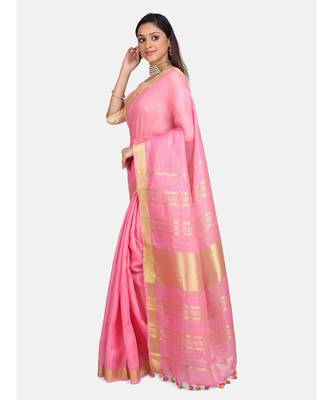 Unitex Fashion Premium Quality Pink cotton linenSAREE 3
