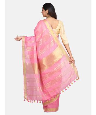 Unitex Fashion Premium Quality Pink cotton linenSAREE 4