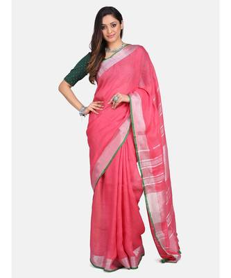 Unitex Fashion Premium Quality Dark pink with green border cotton linen SAREE 1