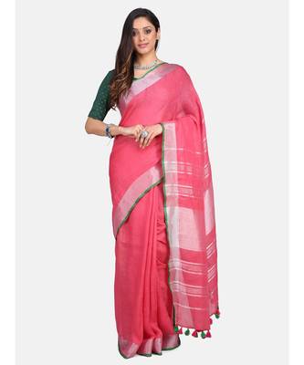 Unitex Fashion Premium Quality Dark pink with green border cotton linen SAREE 3
