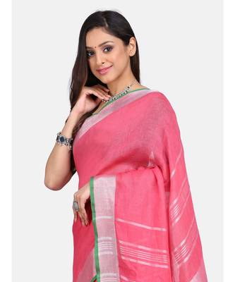 Unitex Fashion Premium Quality Dark pink with green border cotton linen SAREE 4