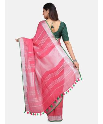 Unitex Fashion Premium Quality Dark pink with green border cotton linen SAREE 5