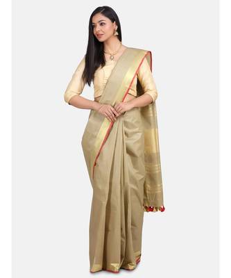 Unitex Fashion Premium Quality Beige gold With red border cotton linen SAREE 1
