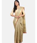 Unitex Fashion Premium Quality Beige gold With red border cotton linen SAREE