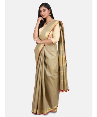 Unitex Fashion Premium Quality Beige gold With red border cotton linen SAREE 3