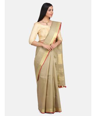 Unitex Fashion Premium Quality Beige gold With red border cotton linen SAREE 4