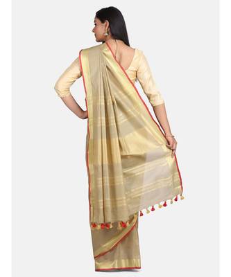 Unitex Fashion Premium Quality Beige gold With red border cotton linen SAREE 5