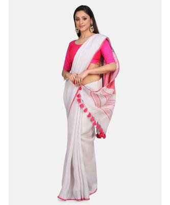 Unitex Fashion Off white with pink border linenSAREE 1